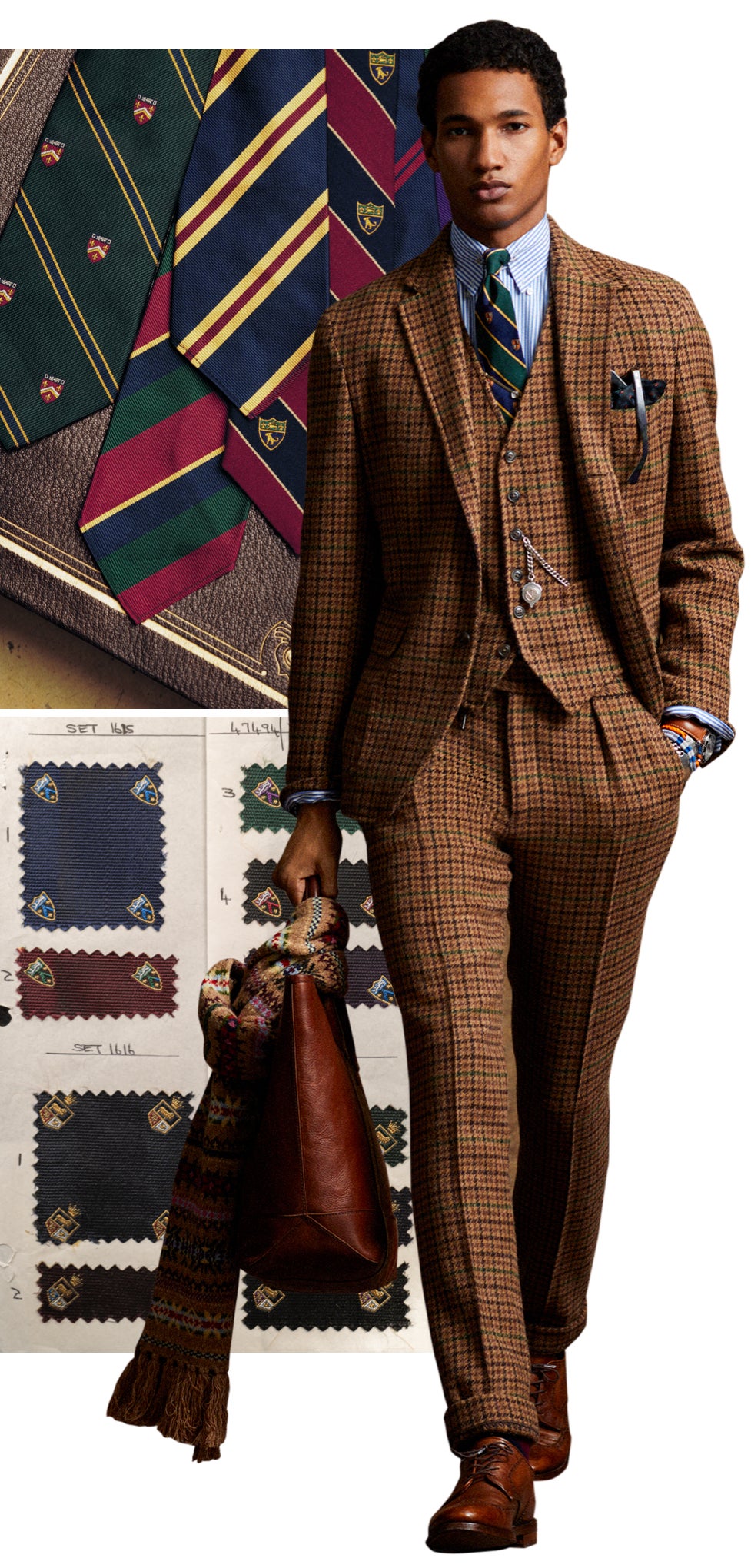 <strong>RIDING THE REPP</strong><br/><span>The author having a cup of Ralph&rsquo;s Coffee; a selection of striped and heraldic repp ties; a look from this season&rsquo;s Polo Originals; and a swatch card from a mill in England, where Polo repp ties have been woven for many years</span>