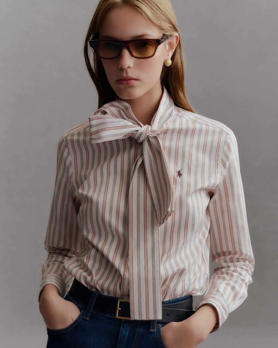 Slim Fit Striped Cotton Tie-Neck Shirt