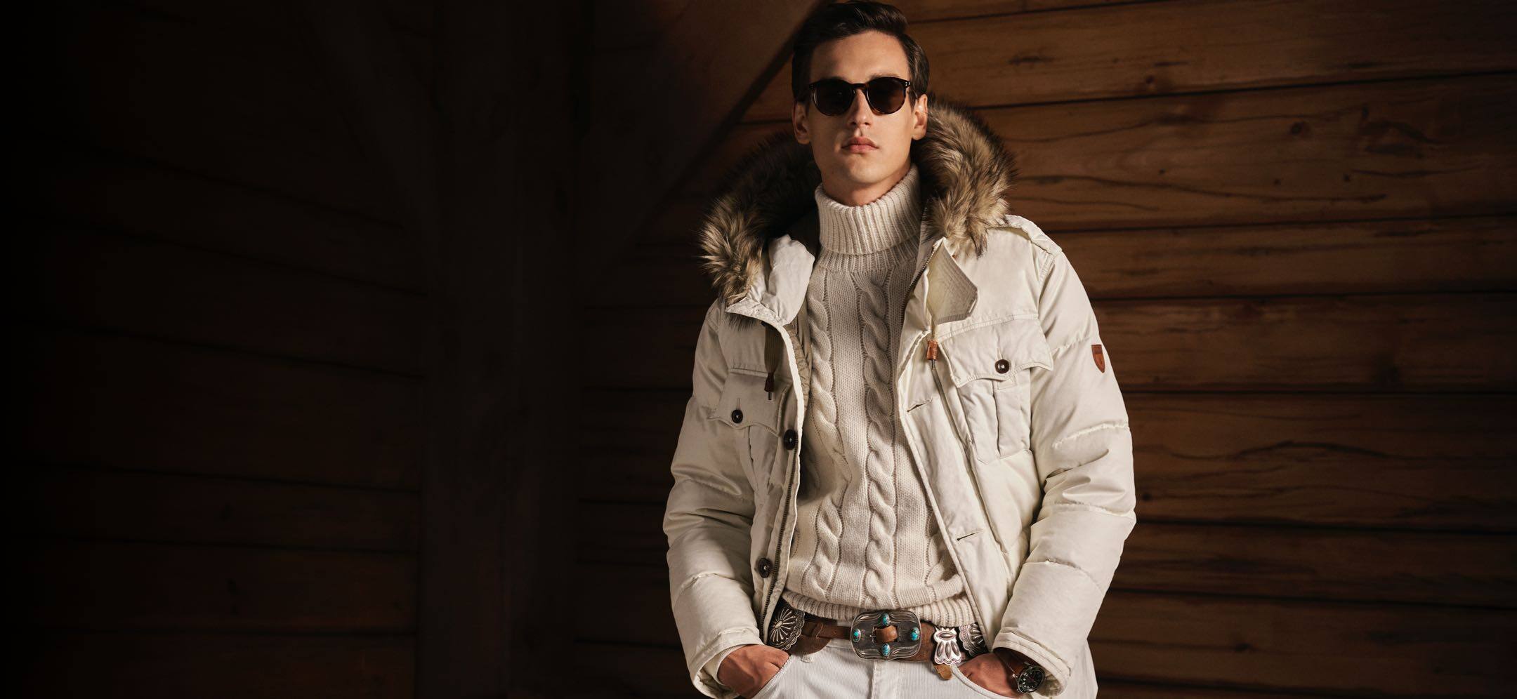 Man wears cream winter Polo outfit.